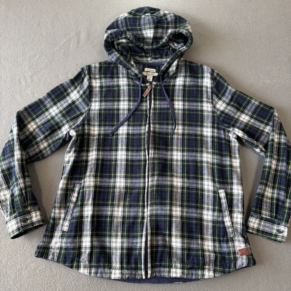 LL Bean Hoodie Womens L Green Scotch Plaid Flannel Jacket Dress Gordon Outdoor